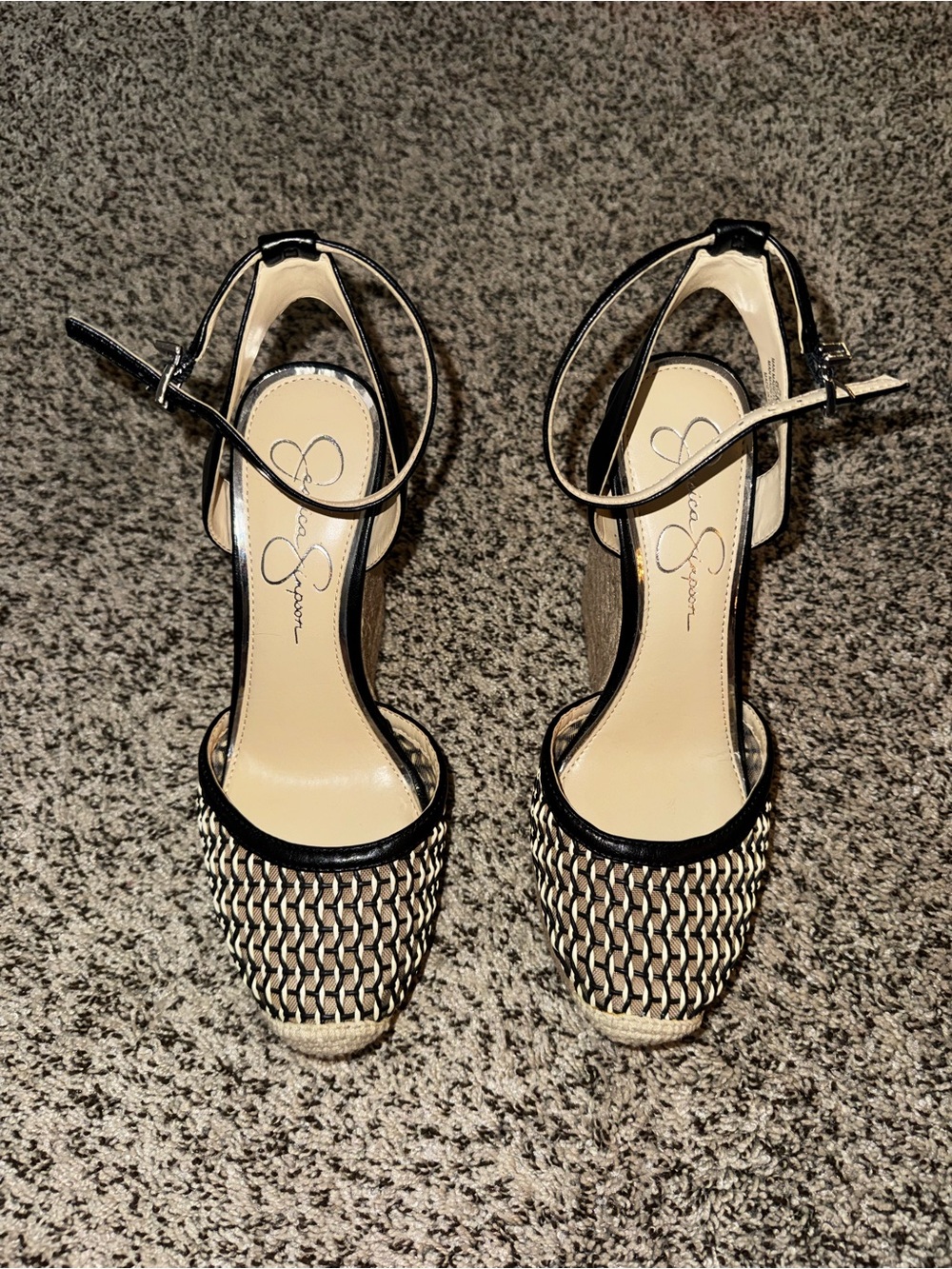 Jessica Simpson Black and Natural Woven Wedge Sandals - Picture 1 of 5